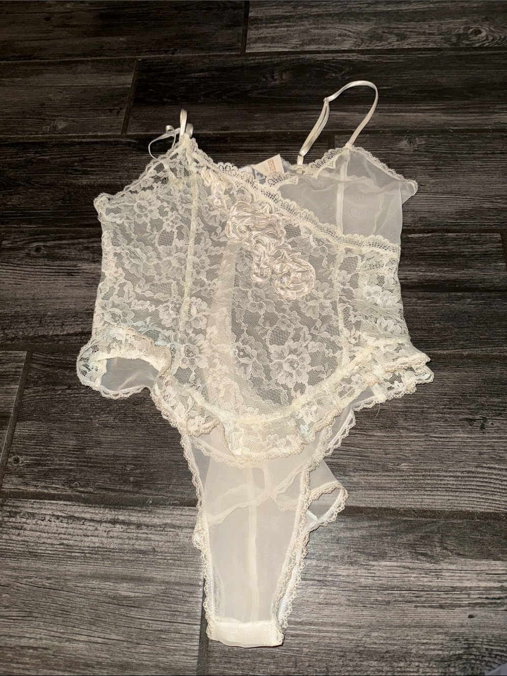 Victoria's Secret Ivory Lace Sheer Teddy Bodysuit gold label medium vintage